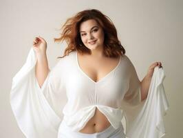 Plus size woman in emotional dynamic pose AI Generative photo