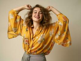 Plus size woman in emotional dynamic pose AI Generative photo