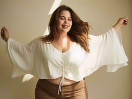 Plus size woman in emotional dynamic pose AI Generative photo