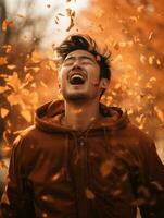photo of emotional dynamic pose Asian man in autumn AI Generative