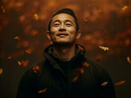 photo of emotional dynamic pose Asian man in autumn AI Generative