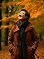 photo of emotional dynamic pose Asian man in autumn AI Generative