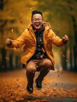 photo of emotional dynamic pose Asian man in autumn AI Generative