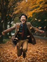 photo of emotional dynamic pose Asian man in autumn AI Generative