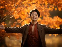 photo of emotional dynamic pose Asian man in autumn AI Generative