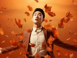 photo of emotional dynamic pose Asian man in autumn AI Generative