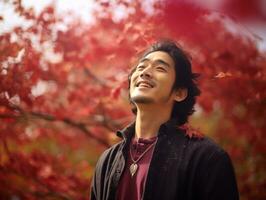 photo of emotional dynamic pose Asian man in autumn AI Generative