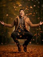 photo of emotional dynamic pose Asian man in autumn AI Generative