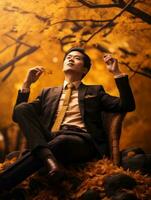 photo of emotional dynamic pose Asian man in autumn AI Generative