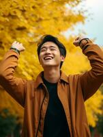 photo of emotional dynamic pose Asian man in autumn AI Generative