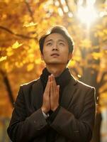 photo of emotional dynamic pose Asian man in autumn AI Generative