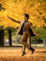 photo of emotional dynamic pose Asian man in autumn AI Generative