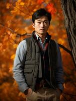 photo of emotional dynamic pose Asian man in autumn AI Generative