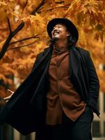 photo of emotional dynamic pose Asian man in autumn AI Generative