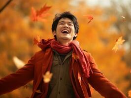 foto de emocional dinámica actitud asiático hombre en otoño ai generativo