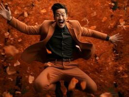 photo of emotional dynamic pose Asian man in autumn AI Generative