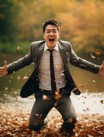 photo of emotional dynamic pose Asian man in autumn AI Generative