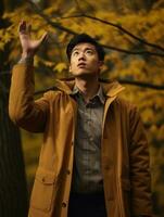 photo of emotional dynamic pose Asian man in autumn AI Generative