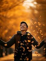 photo of emotional dynamic pose Asian man in autumn AI Generative