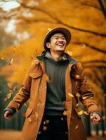 photo of emotional dynamic pose Asian man in autumn AI Generative