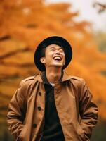 photo of emotional dynamic pose Asian man in autumn AI Generative