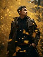 photo of emotional dynamic pose Asian man in autumn AI Generative