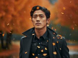 photo of emotional dynamic pose Asian man in autumn AI Generative