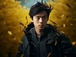 photo of emotional dynamic pose Asian man in autumn AI Generative