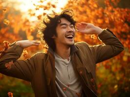 photo of emotional dynamic pose Asian man in autumn AI Generative