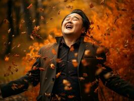 photo of emotional dynamic pose Asian man in autumn AI Generative