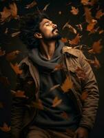 photo of emotional dynamic pose Asian man in autumn AI Generative