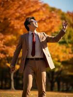 photo of emotional dynamic pose Asian man in autumn AI Generative