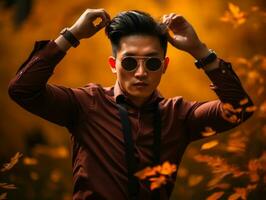 photo of emotional dynamic pose Asian man in autumn AI Generative