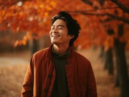 photo of emotional dynamic pose Asian man in autumn AI Generative