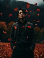 photo of emotional dynamic pose Asian man in autumn AI Generative