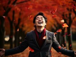 photo of emotional dynamic pose Asian man in autumn AI Generative