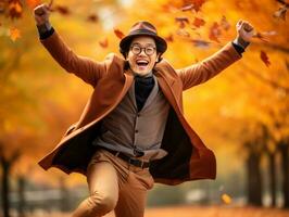 foto de emocional dinámica actitud asiático hombre en otoño ai generativo