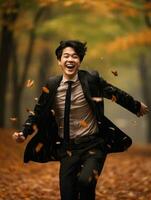 photo of emotional dynamic pose Asian man in autumn AI Generative