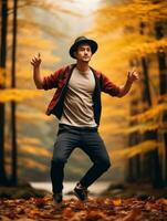 photo of emotional dynamic pose Asian man in autumn AI Generative