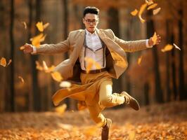 photo of emotional dynamic pose Asian man in autumn AI Generative