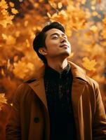 photo of emotional dynamic pose Asian man in autumn AI Generative