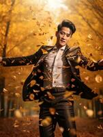 photo of emotional dynamic pose Asian man in autumn AI Generative