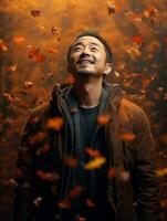 photo of emotional dynamic pose Asian man in autumn AI Generative