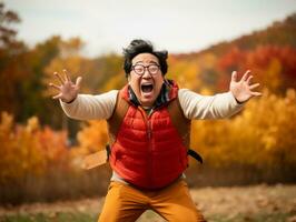 foto de emocional dinámica actitud asiático hombre en otoño ai generativo