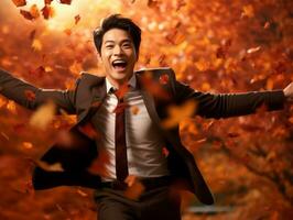 photo of emotional dynamic pose Asian man in autumn AI Generative