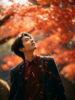 photo of emotional dynamic pose Asian man in autumn AI Generative