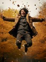 photo of emotional dynamic pose Asian man in autumn AI Generative