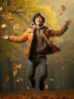 photo of emotional dynamic pose Asian man in autumn AI Generative