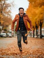 photo of emotional dynamic pose Asian man in autumn AI Generative