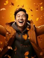 photo of emotional dynamic pose Asian man in autumn AI Generative